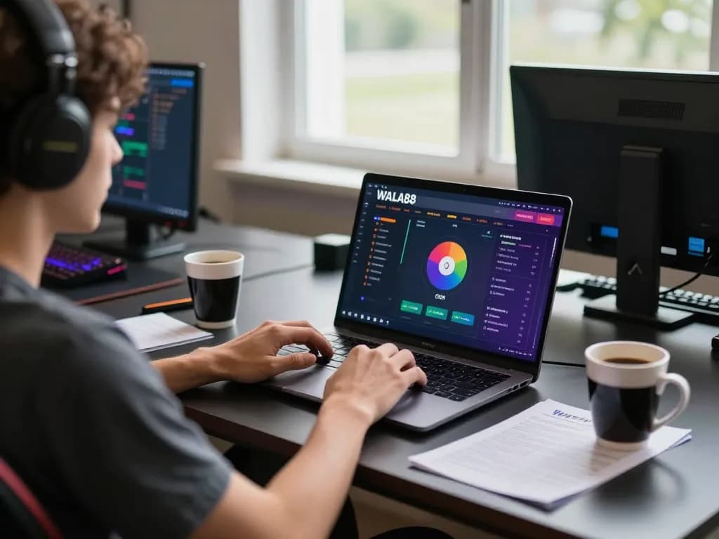 Engaging in online gaming with WALA88 on a laptop, showcasing home gambling atmosphere