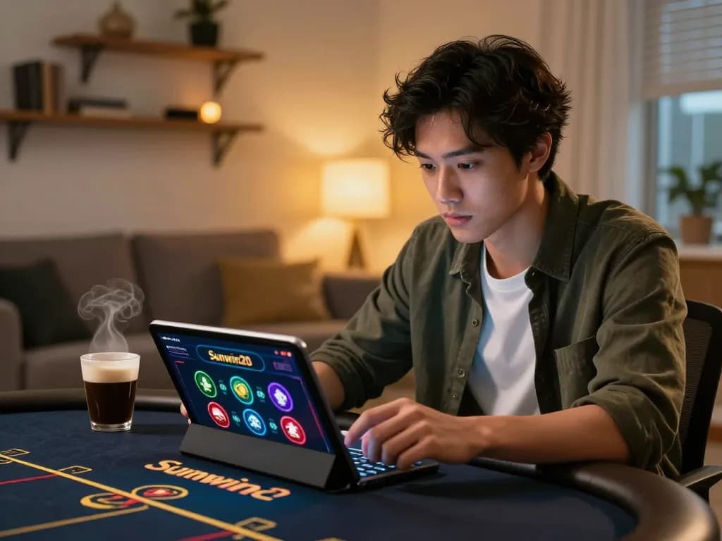 Engaged player strategizing on Sunwin20 tablet with cozy setup, highlighting responsible gaming.