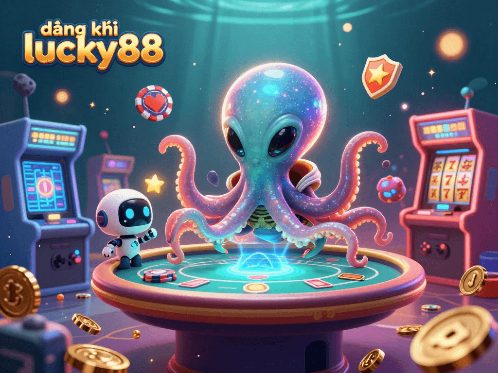 Experience gameplay excitement with đăng ký lucky88 featuring a vibrant 3D alien octopus poker scene.