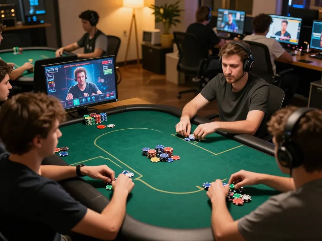 Engaging online poker competition at nohu90s with players focused on their gameplay and colorful chips.