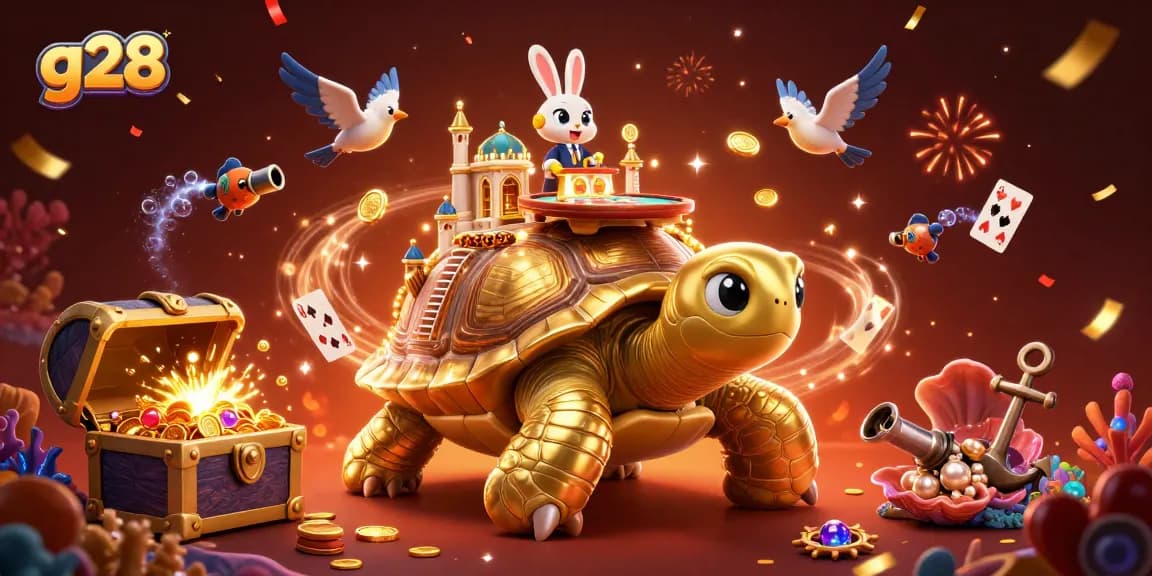 g28 reveals a lavish casino palace on a giant tortoise, surrounded by treasure and celebration