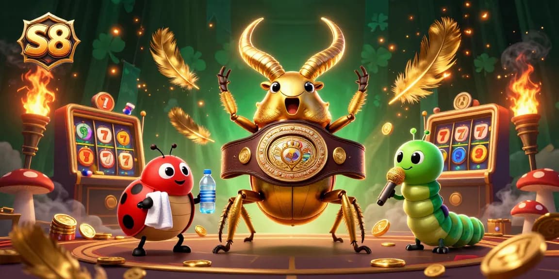 S8 casino illustration showcasing a giant beetle battling in a vibrant gambling scene.