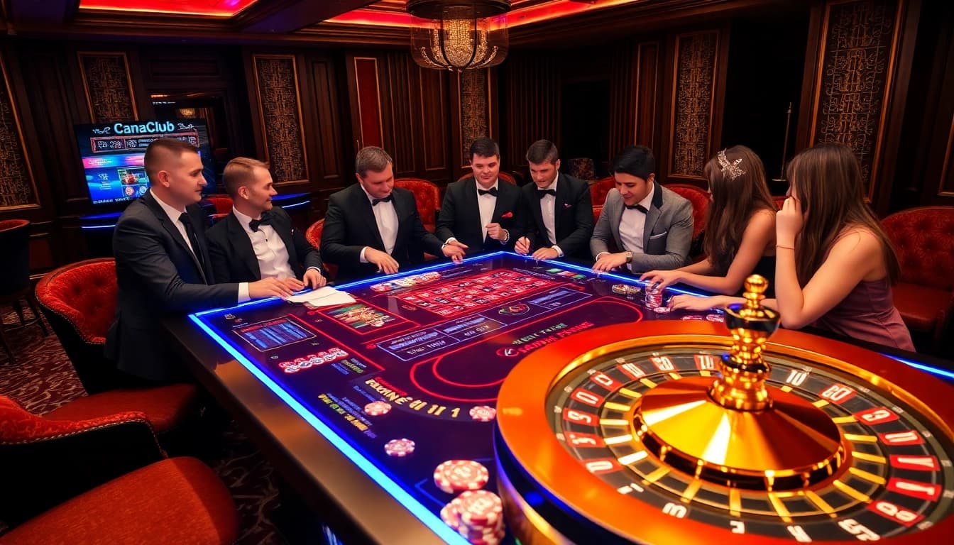 Players engaging intensely at the B52Club's premium gaming table with vibrant casino elements.