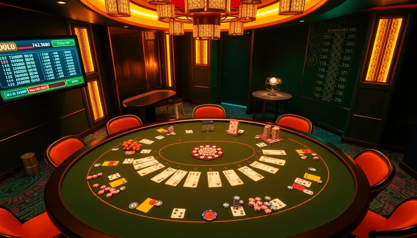 Players enjoying Tài xỉu MD5 at a vibrant casino table, celebrating wins with excitement.