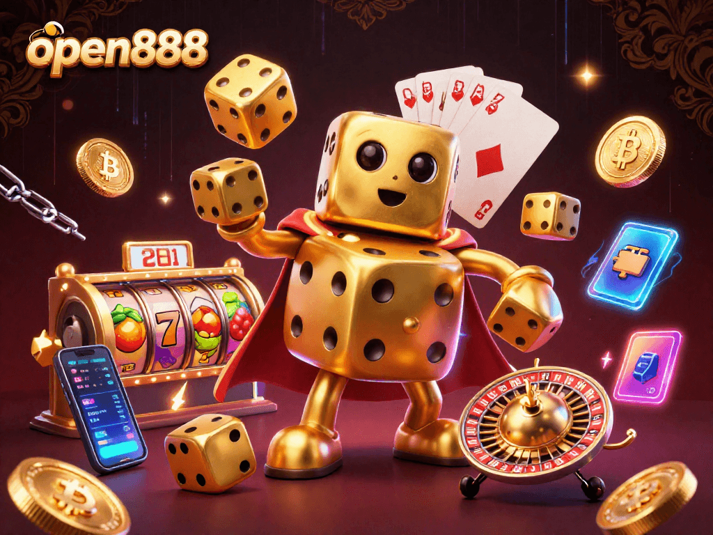 Experience the excitement of open888 with vibrant slots, gold dice, and crypto elements in this vivid casino scene.
