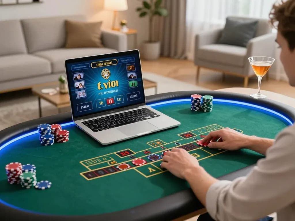 Playing game tài xỉu on a laptop in a cozy home setting, showcasing the thrill of online gambling.