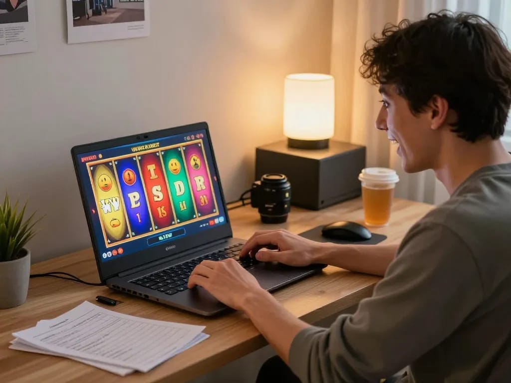 Player enjoying online slots at home while using vuabet88i for better gaming strategy.