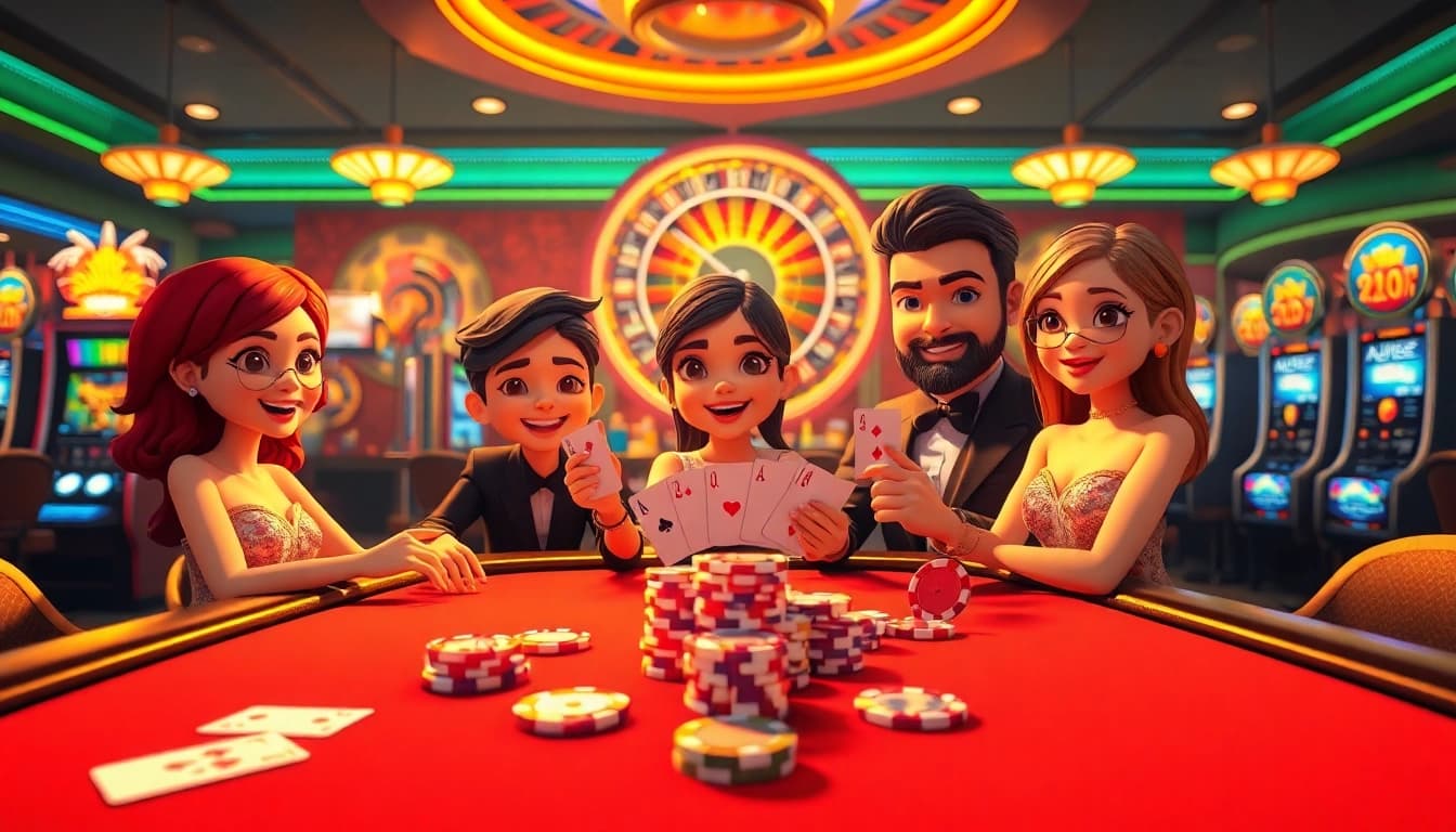 Engaging 3D animated characters celebrating a poker win in a vibrant casino setting, highlighting hoat hinh 3d magic.