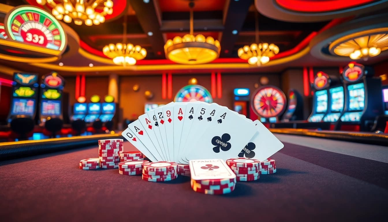 Engage in high-stakes poker action at OPEN88, featuring vibrant tables and luxurious decor.