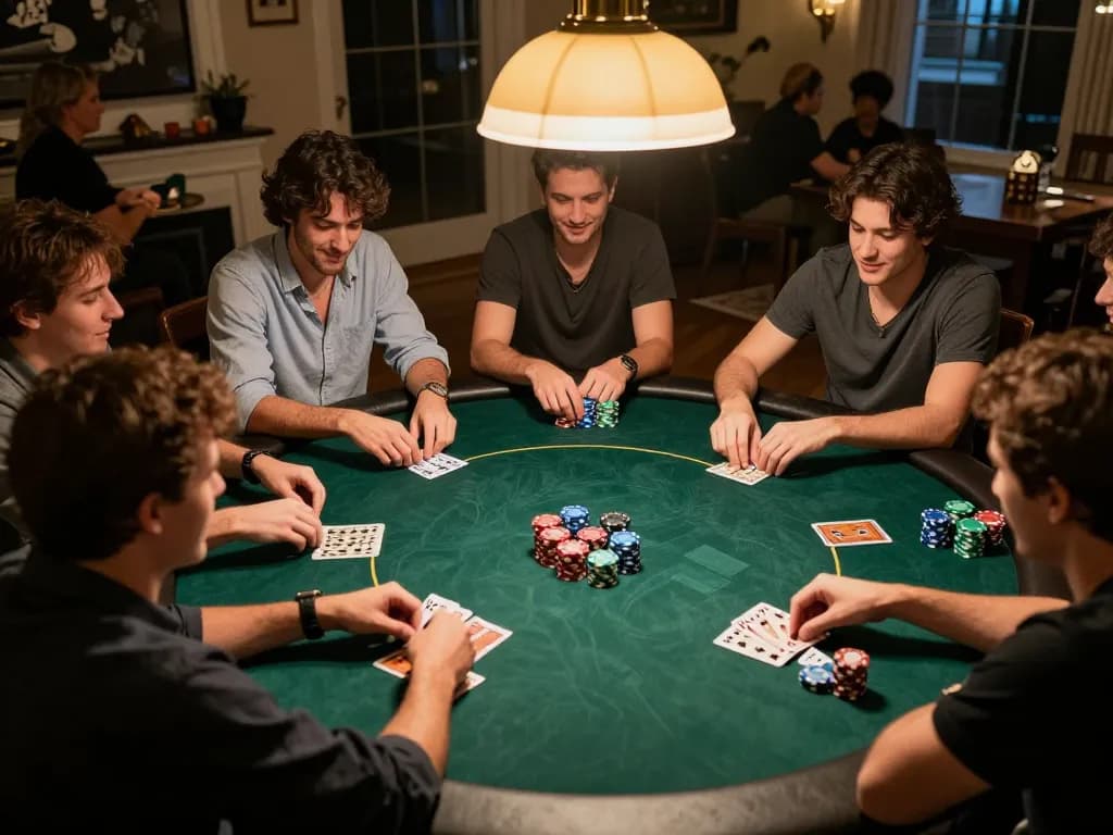 Friends enjoy an engaging poker night around a table featuring F168 betting strategies and chip stacks.