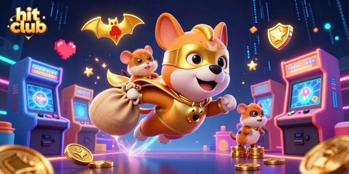 Join the hit club in this animated scene with a superhero dog, gold coins, and casino vibes.