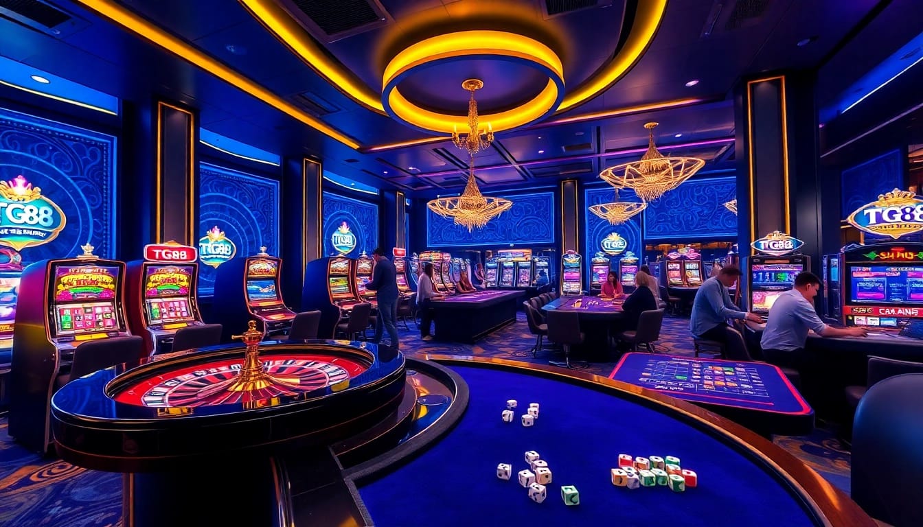 Experience high-stakes excitement at TG88's sophisticated gaming area with vibrant roulette and slots.
