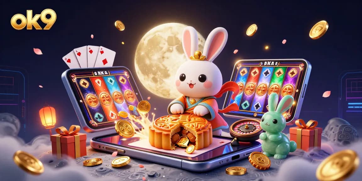 ok9 offers thrilling gaming experiences with vibrant poker chips and enchanting characters in a dynamic casino scene