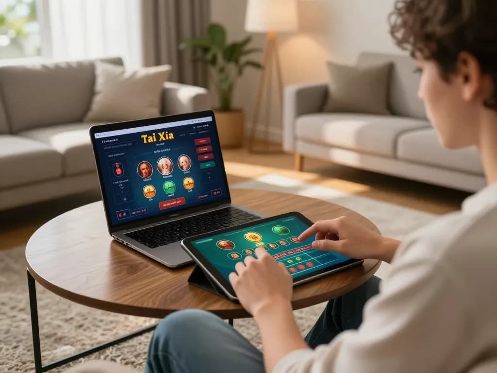 Tài xỉu online gameplay in a cozy home setting, showcasing a user engaged with a tablet.