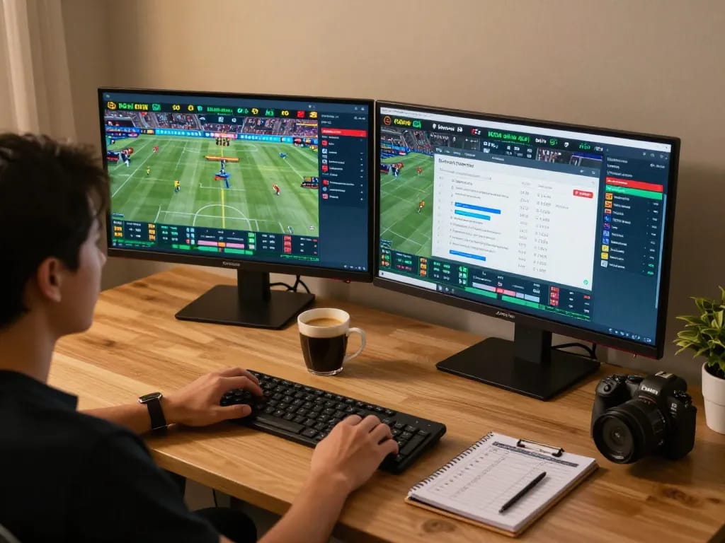 Engaging user analyzing Keo nha cai 5 betting odds on dual monitors in a cozy home environment.