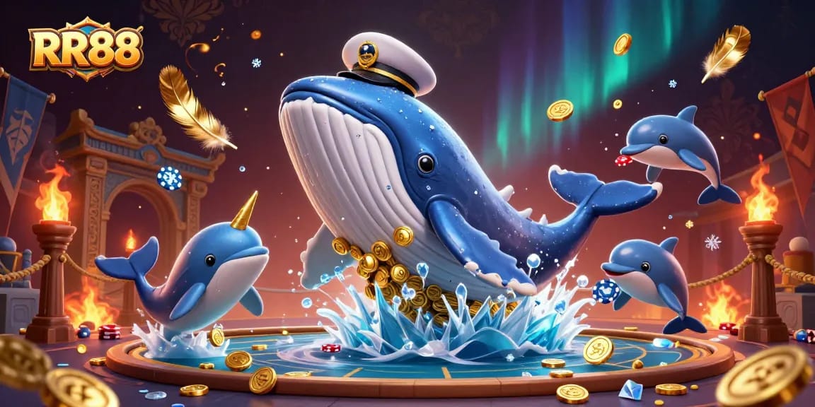 Experience thrilling gaming at RR88 with vibrant 3D whales and poker action.
