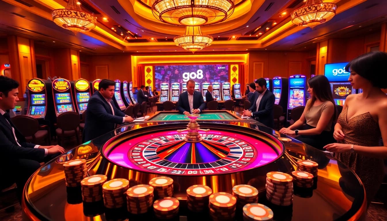 Experience thrilling gameplay at Go8 casino with a stunning roulette table and vibrant atmosphere.