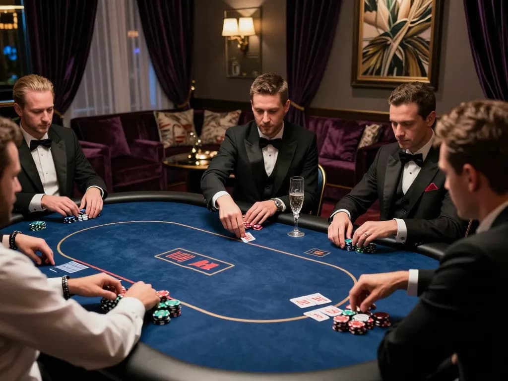 Players engaged in a high-stakes poker game in a luxurious VIP gaming area at a Sunwin casino