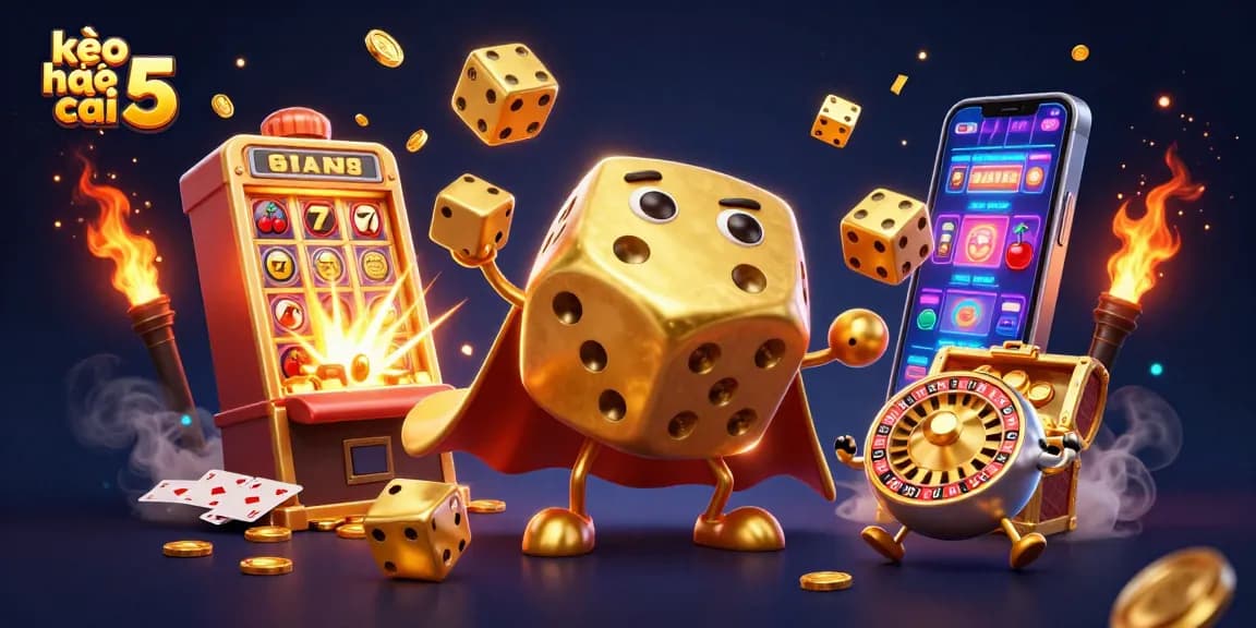 Experience the excitement of kèo nhà cái 5 with vibrant golden dice characters and thrilling casino elements.
