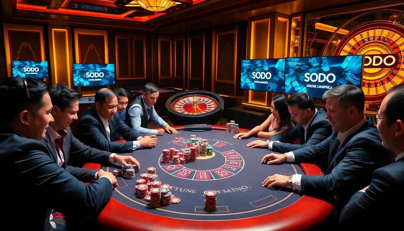 SODO Casino poker table with players and roulette wheel, capturing high-stakes excitement.