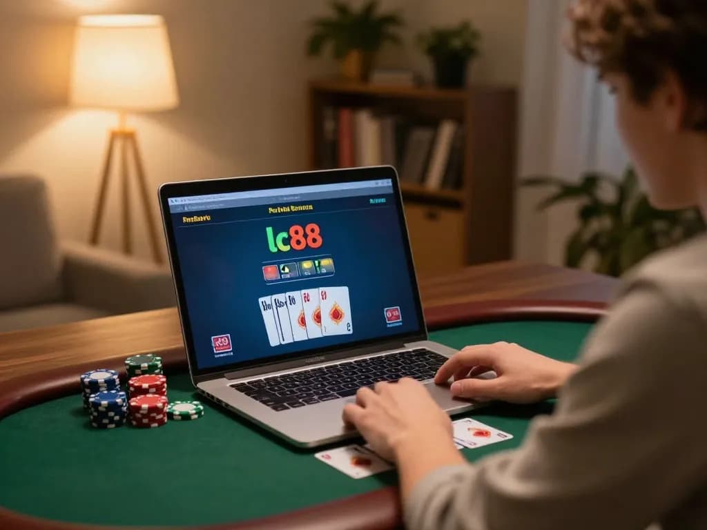 Engaged player strategizing in lc88 online poker game, vibrant home setting with cards and chips visible