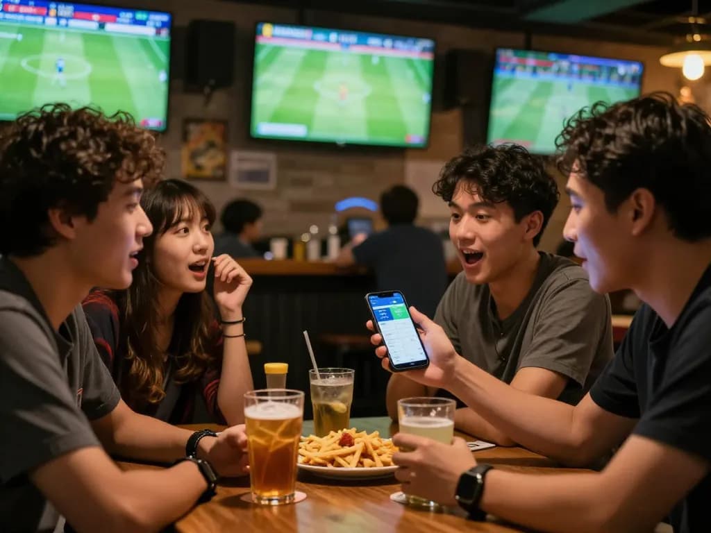 Soi Kèo sports betting excitement with fans analyzing live matches and odds in a lively bar.