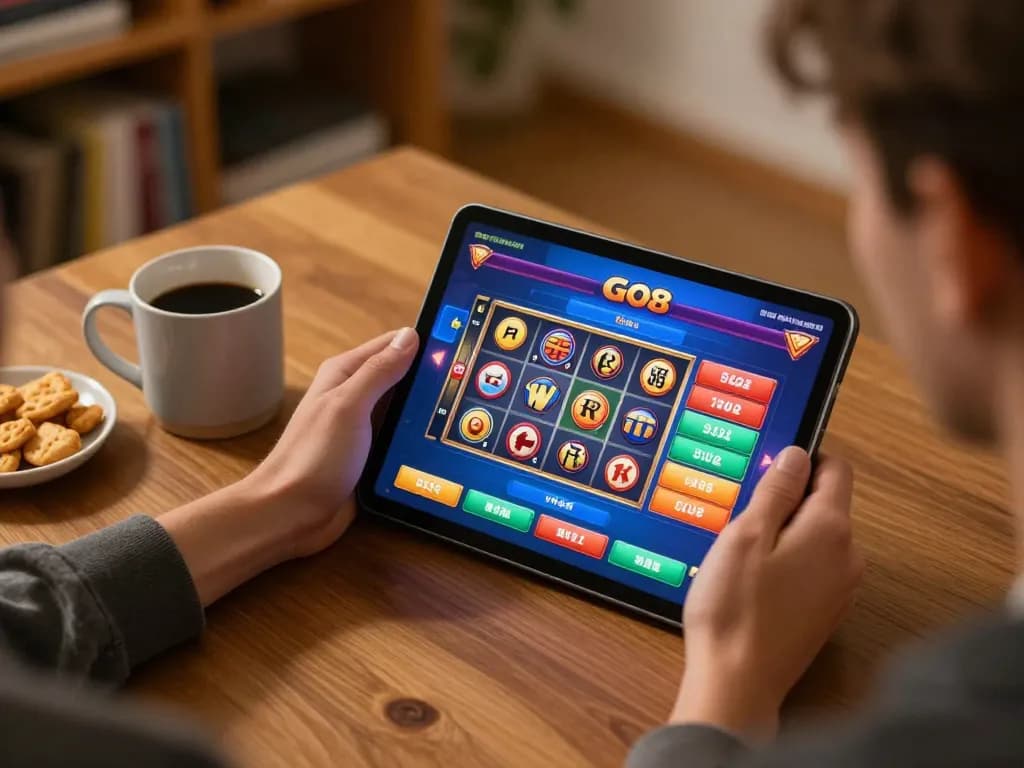 Engaging online gaming session at home with GO8 betting interface displayed on tablet