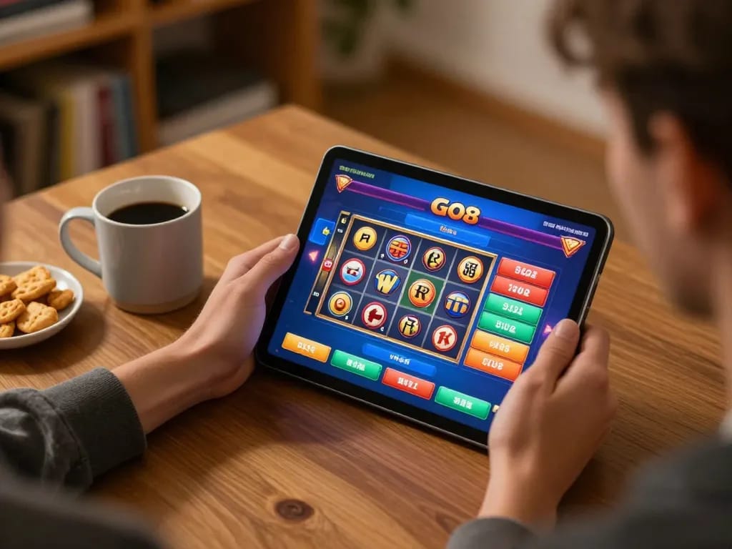 Engaging online gaming session at home with GO8 betting interface displayed on tablet