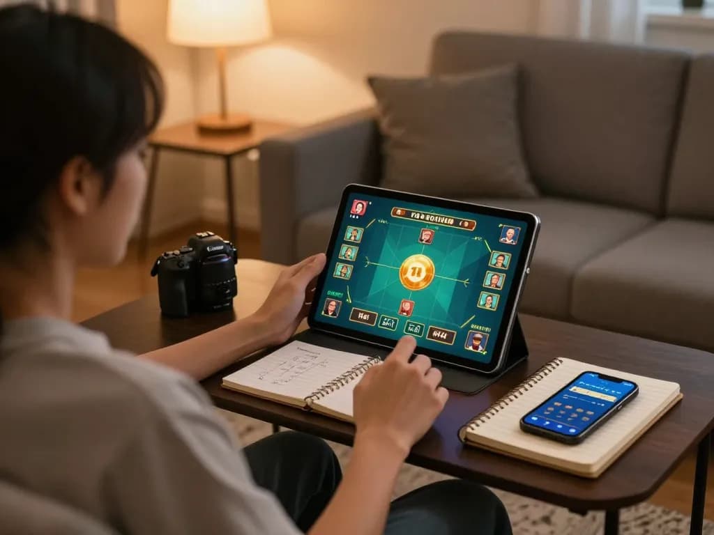 Tài Xỉu Online gameplay setup at home on a tablet by a user, showcasing strategic notes and casino app with a cozy atmosphere.