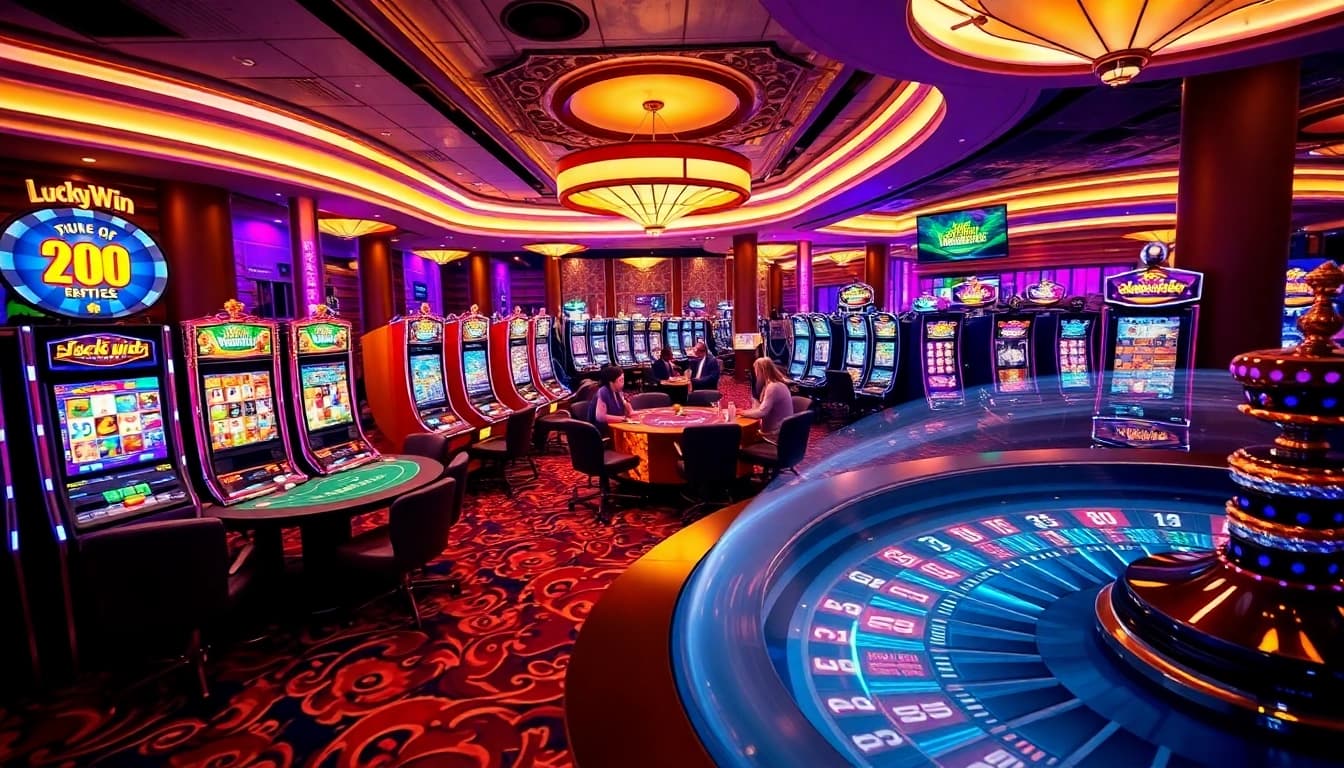 Experience the thrill of LuckyWin with an exciting casino atmosphere featuring vibrant slot machines.