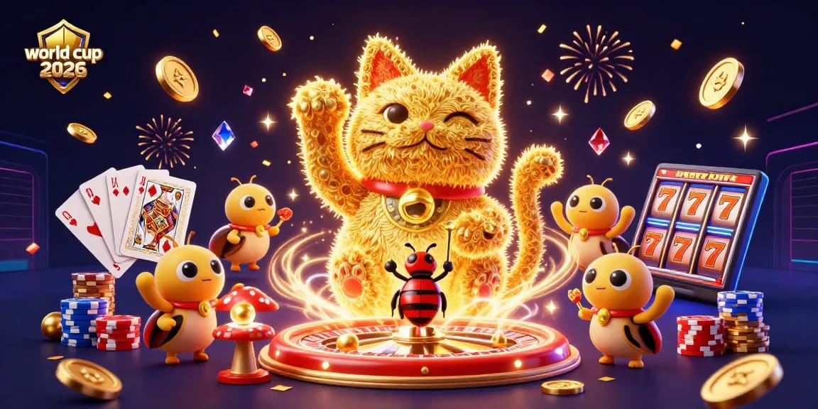 Experience the excitement of world cup 2026 with a vibrant lucky cat and casino symbols.