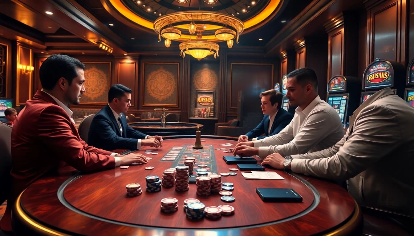 Engage in thrilling poker at the luxurious casino scene featuring https://mm88.directory/ with vibrant lights and professional players.