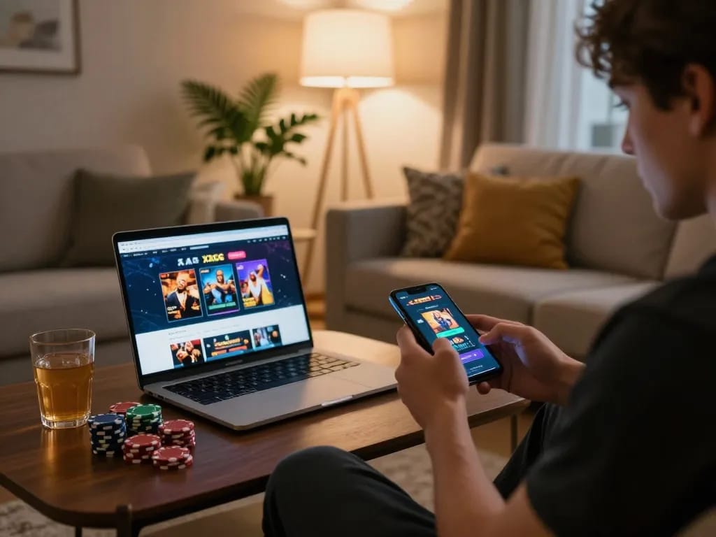 Engaging gameplay on the XXGG casino app from a cozy home setting, showcasing interactive gaming.