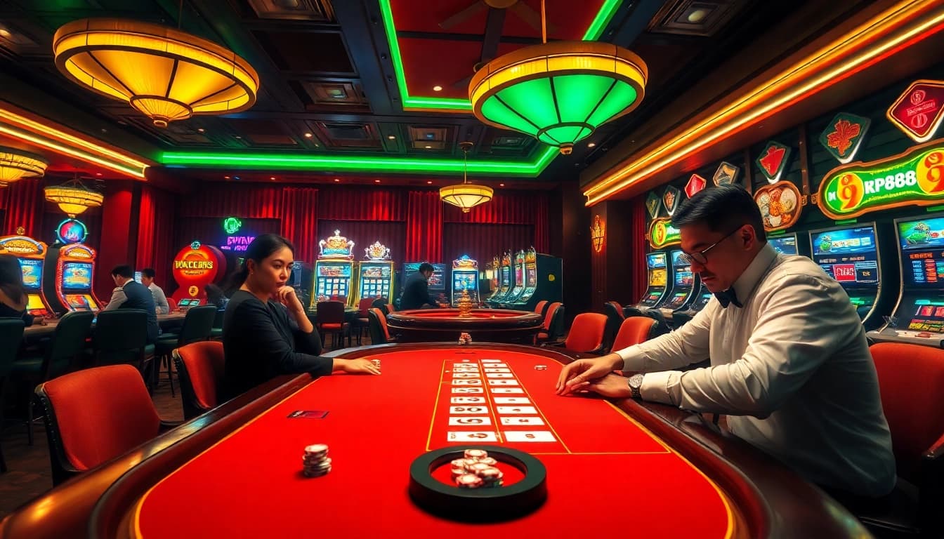 Thrilling casino scene showcasing KP88 with a dealer, poker chips, and roulette wheel.