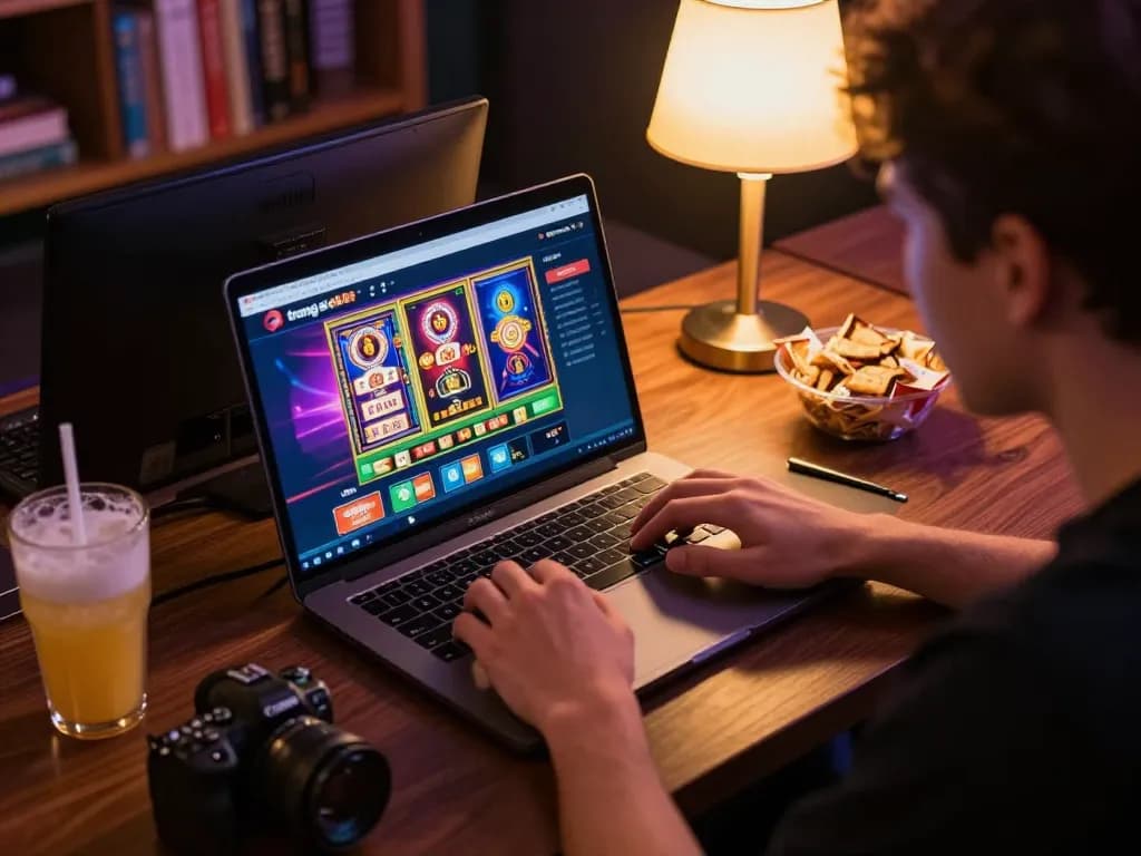 Person engaged in online gaming on trang chủ dh88, focused on laptop screen displaying casino games and snacks nearby.