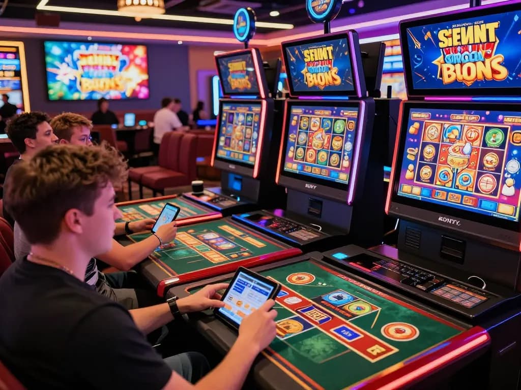 Players engaging with max101 online casino games, vibrant atmosphere with colorful displays and excitement of gameplay.