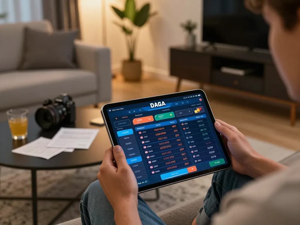 Dive into live betting with DAGA app shown on a tablet in a cozy home setting