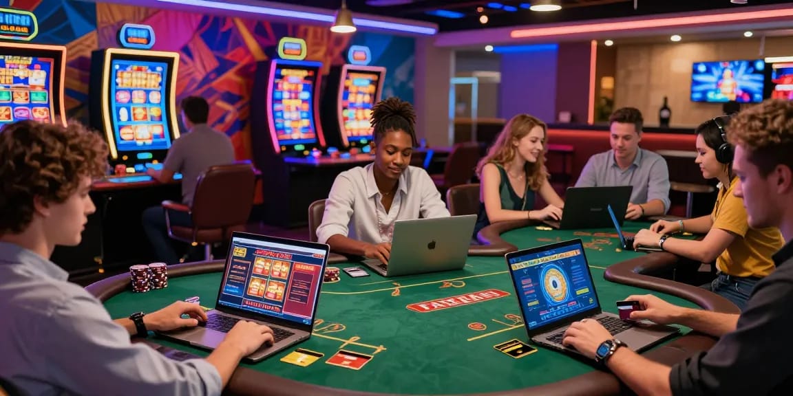 Engaging players at online casinos that accept credit cards, enjoying diverse games and vibrant atmosphere.