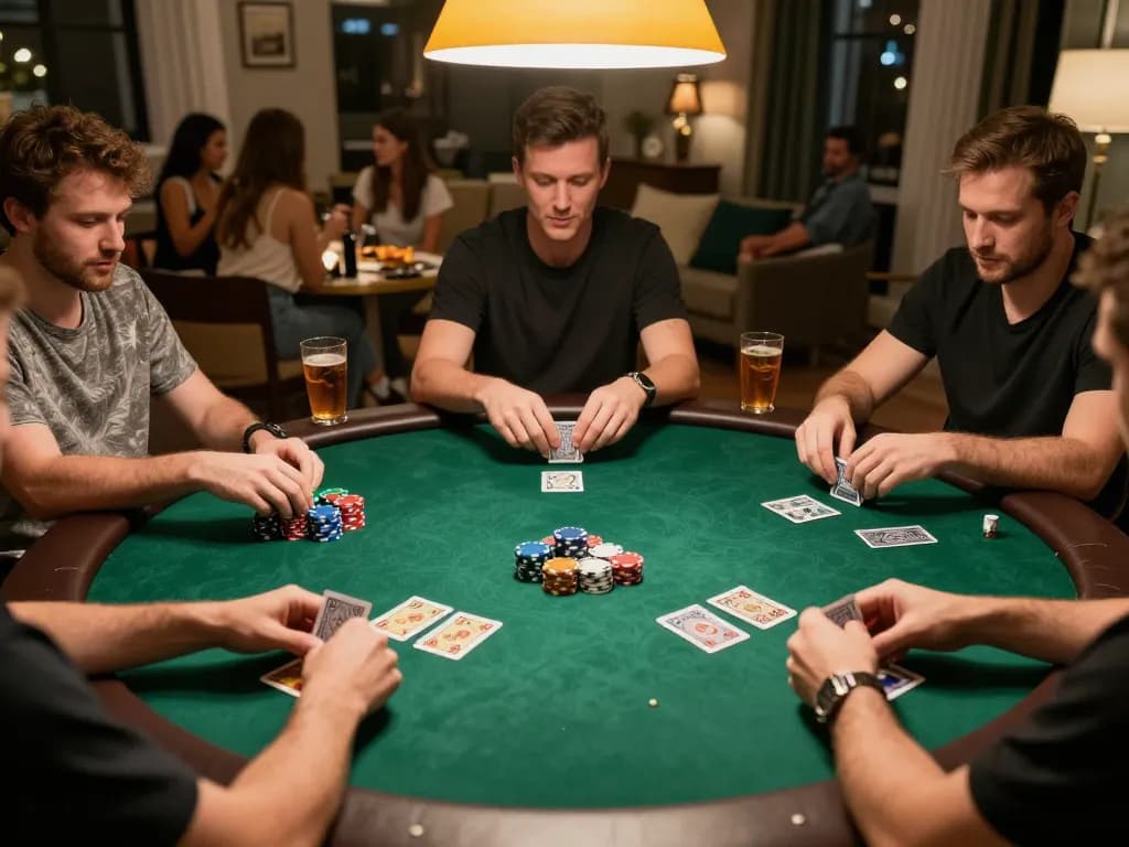 Participants enjoy a thrilling poker game at home with cm88-bet, chips and cards creating excitement.