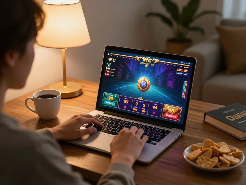 Player enjoying online casino experience at abc8go with cozy home gaming setup