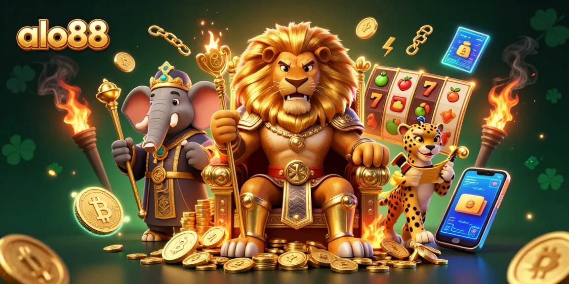 Engage with alo88 in a vibrant online casino scene featuring a lion king, elephant advisor, and cheetah messenger.