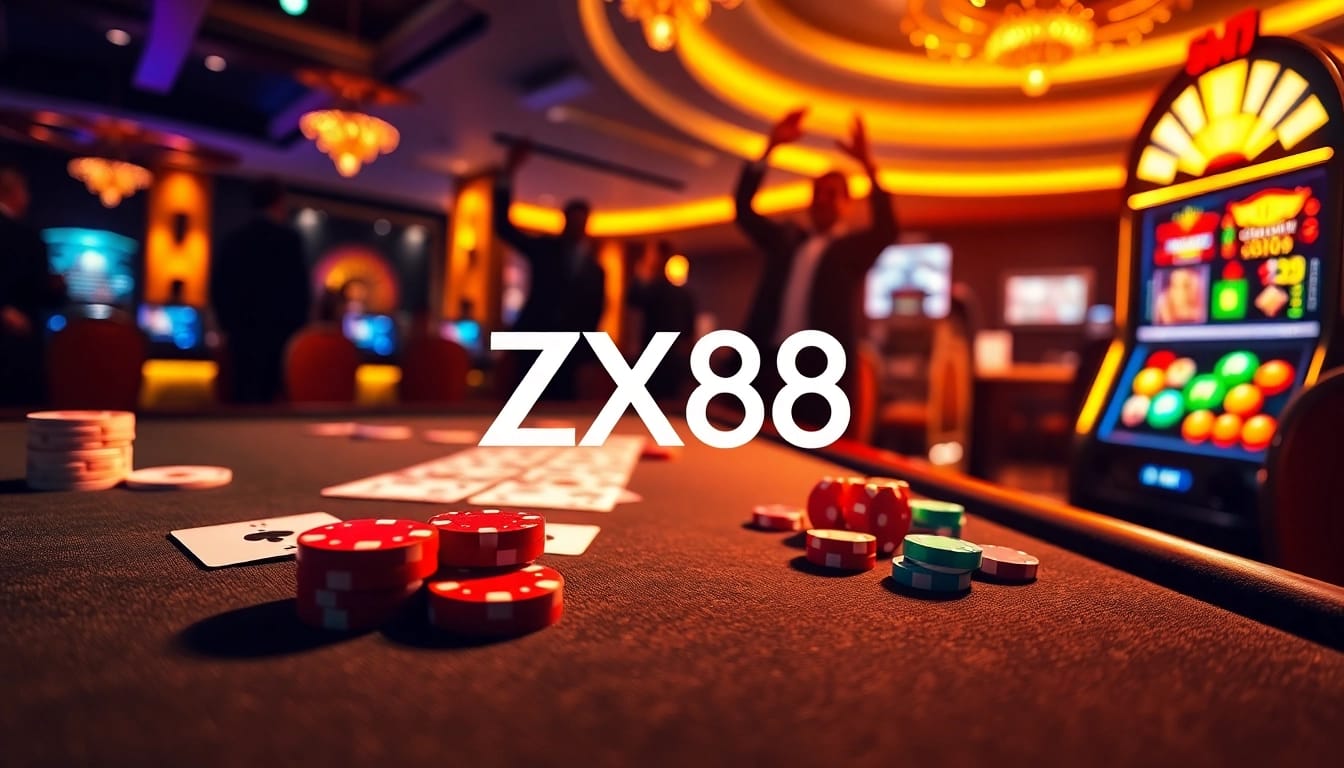 Experience high-stakes gaming at ZX88 casino with vivid poker chips and vibrant slot machines.