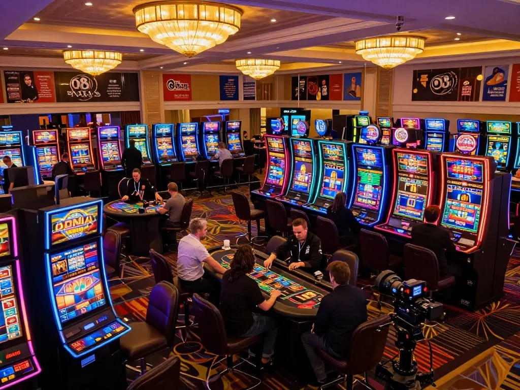 Players spin vibrant slots at a lively casino featuring O8 HAIR branding, showcasing thrilling gameplay.