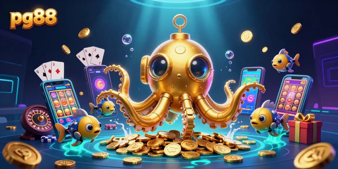 Engage with pg88's exciting slot game adventure featuring a golden kraken submarine amidst golden coins.
