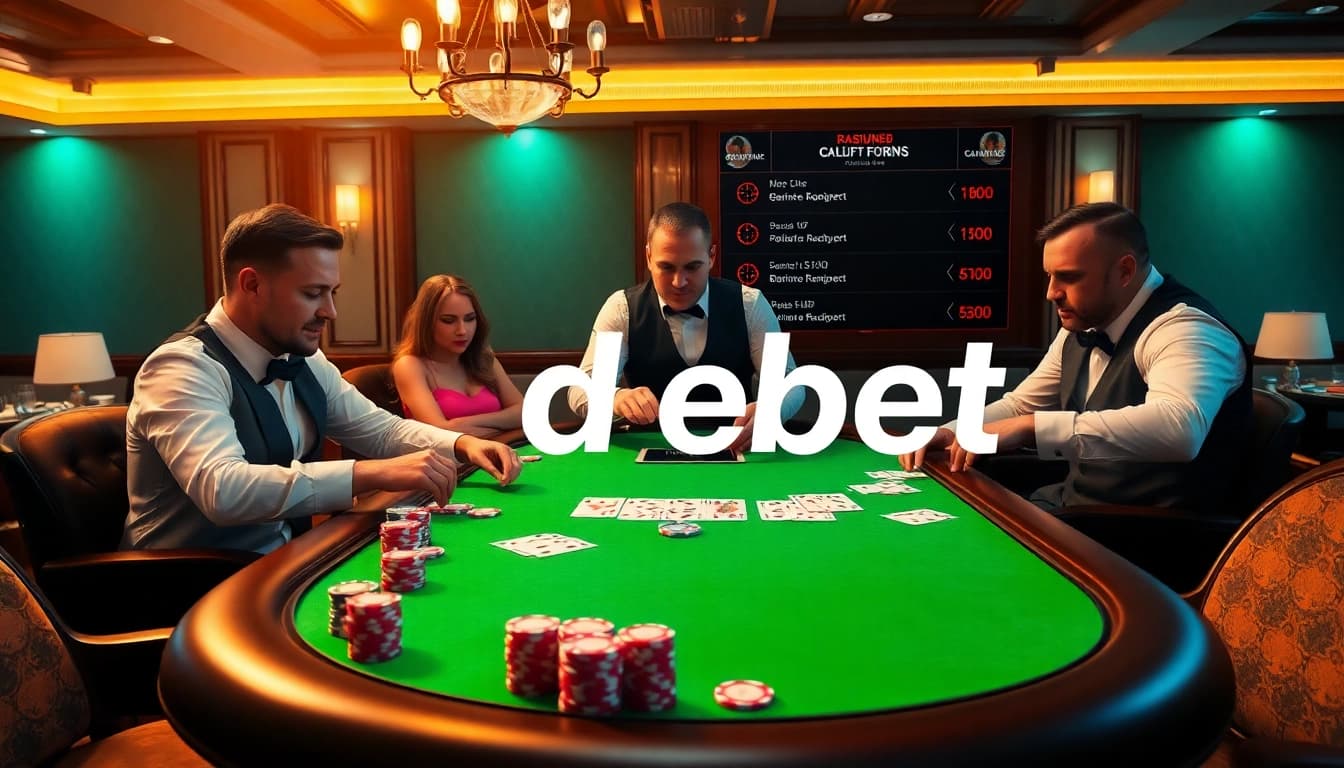 Engaging players at a debet poker table showcasing vibrant chips and exciting gameplay.