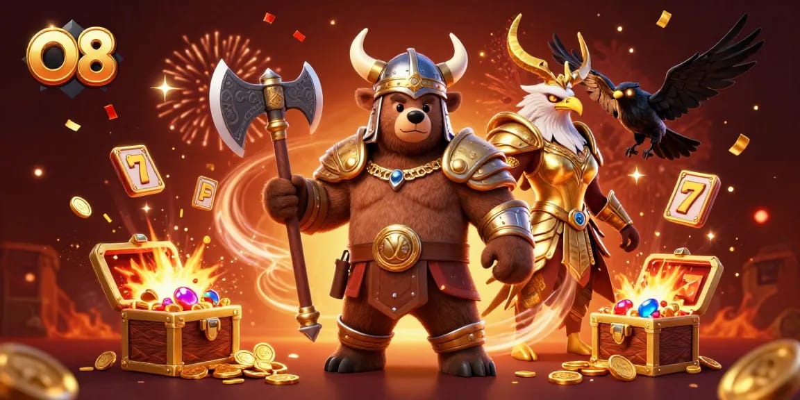 Experience the excitement at O8 with vibrant casino action featuring a Viking bear and Valkyrie eagle.