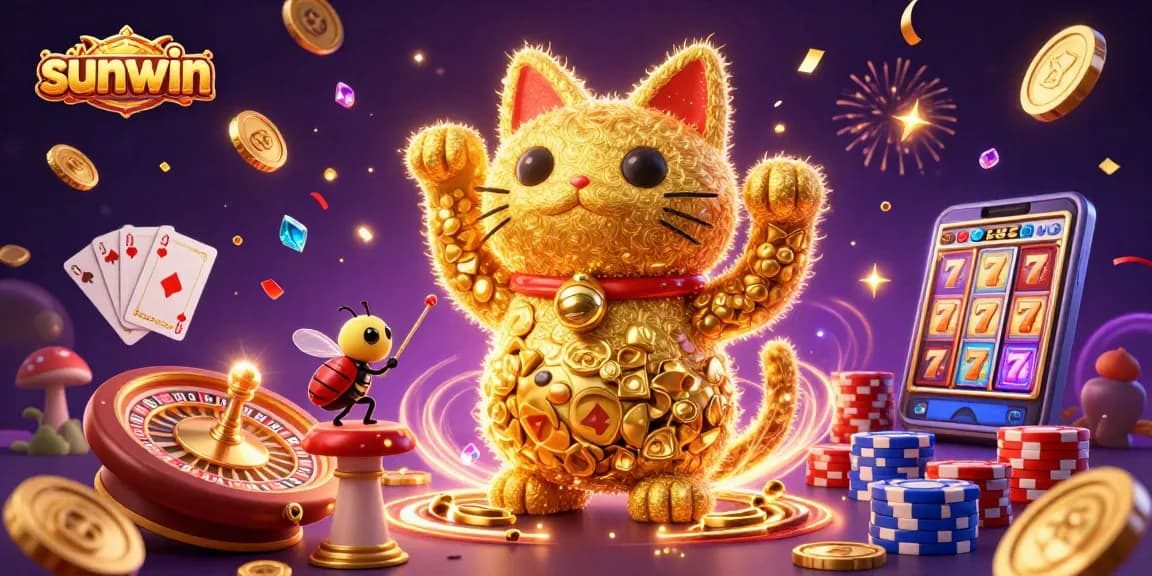 Experience the excitement of sunwin with dynamic golden fireflies forming a lucky cat in a vibrant casino scene.