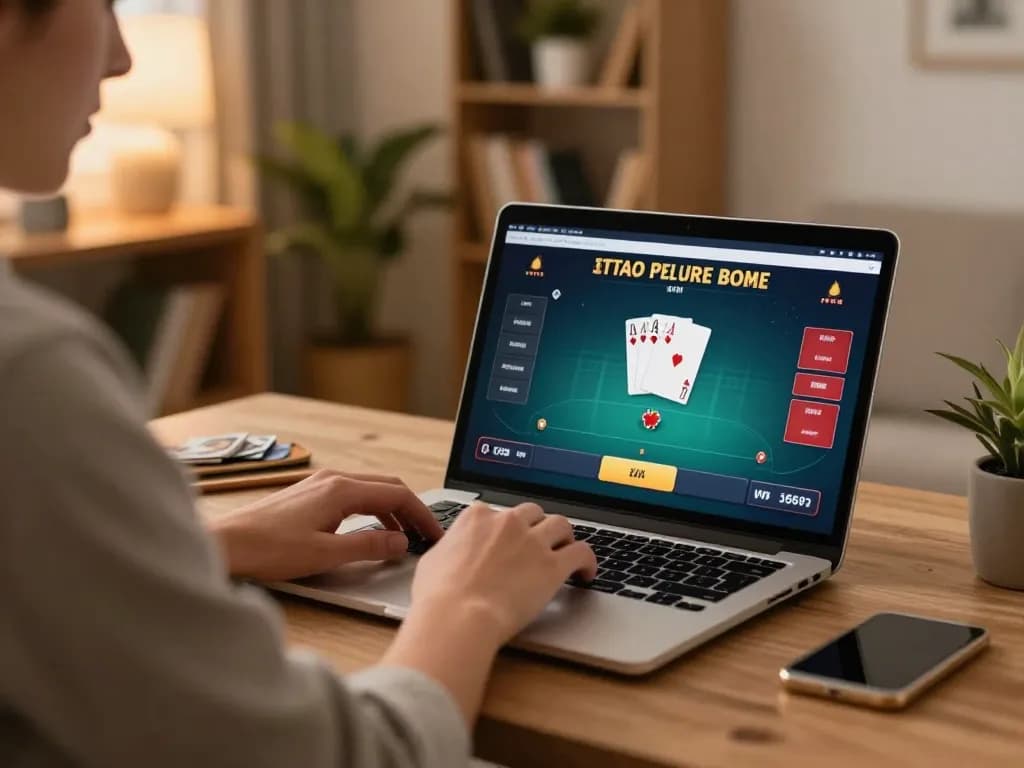 Person playing debet online poker on laptop, showcasing strategic gameplay in cozy home environment.