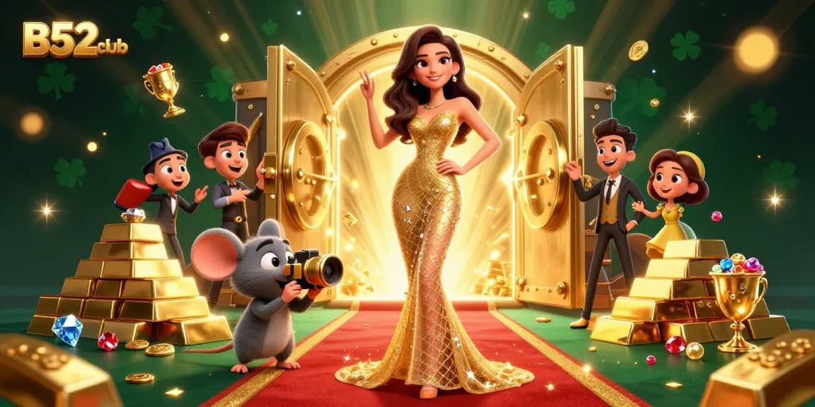 Win big at B52club with a glamorous scene showcasing a golden theme and casino elements.
