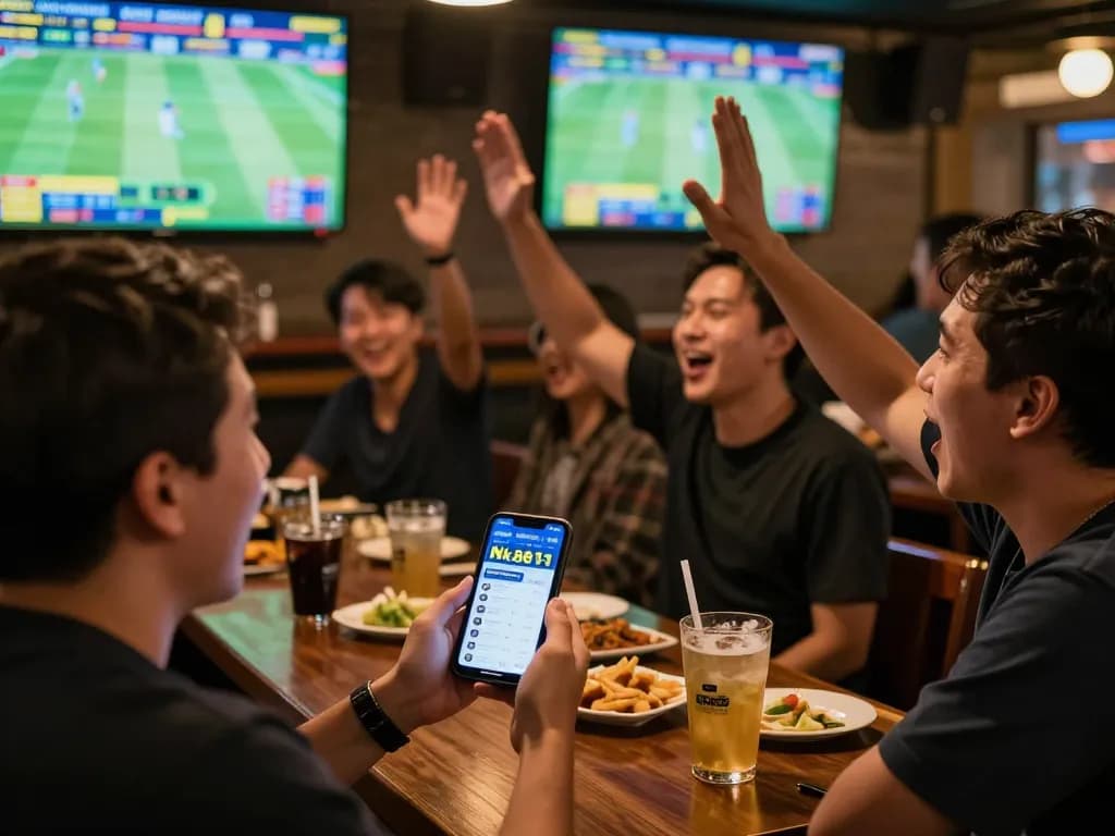 Exciting sports betting action at a bar featuring Nk881 sa com app on smartphone, patrons celebrating a winning bet